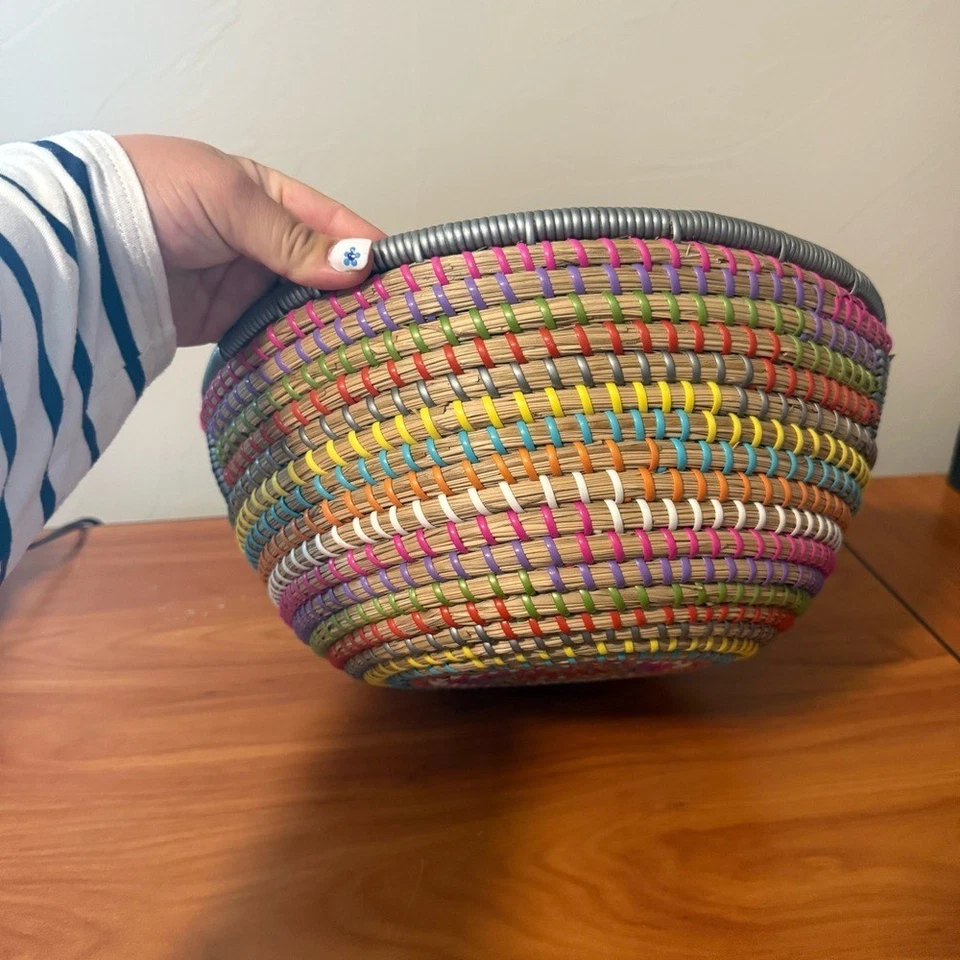 Pier 1 Natura Rainbow Shelf Basket Round Woven Colorful Storage Organization 13" - Image 4 of 4