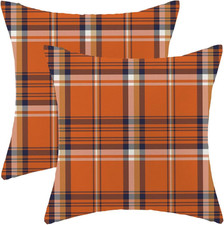 Fall Pillow Covers 18 X 18 Inch Set of 2 Autumn Orange Navy Blue Plaid Throw Pil
