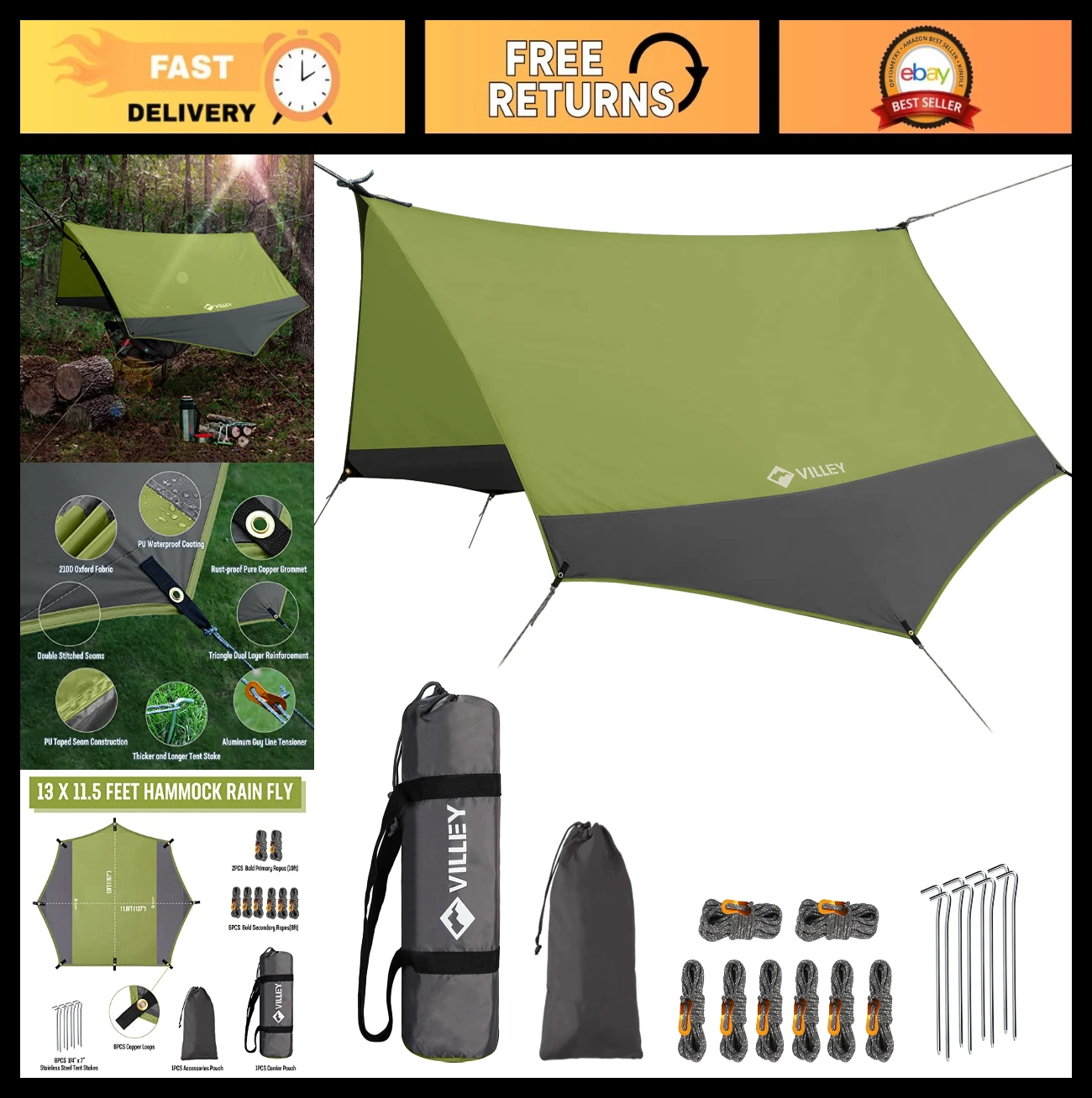 Portable Waterproof Camping Tarp, Easy Setup Rain Fly Canopy for Hiking, Fishing
