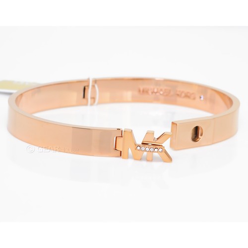 Michael Kors Womens Rose Gold Steel Bangle Bracelet Twist Lock MK Clasp Crystals - Picture 2 of 6