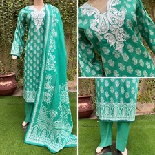Pakistani Sea Green Printed Straight Shirt 3-PCS Lawn Suit w/ Threadwork ,M