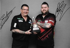 gary anderson holds premier league trophy with michael smith signed 12x8 photo
