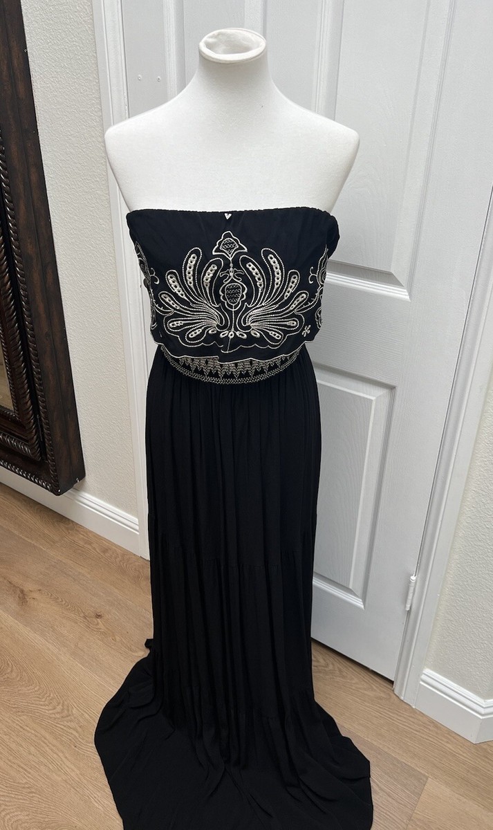 Guess Size Large Maxi Dress Strapless Long Black Embroidered Womens  Bohemian