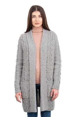 SAOL Aran Open Front Cardigan Sweater Women's 100% Merino Wool Cable Knit  Coat