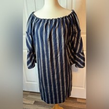 Anthropologie Drew Navy Gray Striped Peasant Sleeve Dress Size Large
