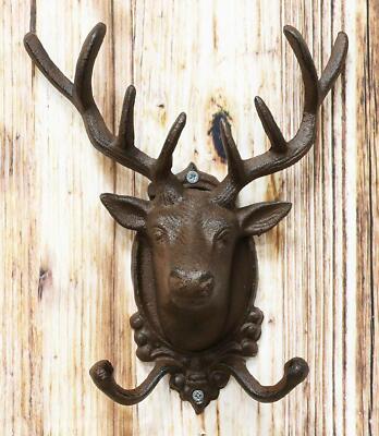 Ebros Cast Iron Rustic Stag Deer Antlers Wall Double Hooks Decor Plaque 10.5'' H