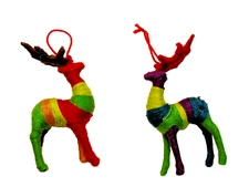 Pair of  Unusual Multicolor Yarn Reindeer Christmas Ornaments  6"  #B