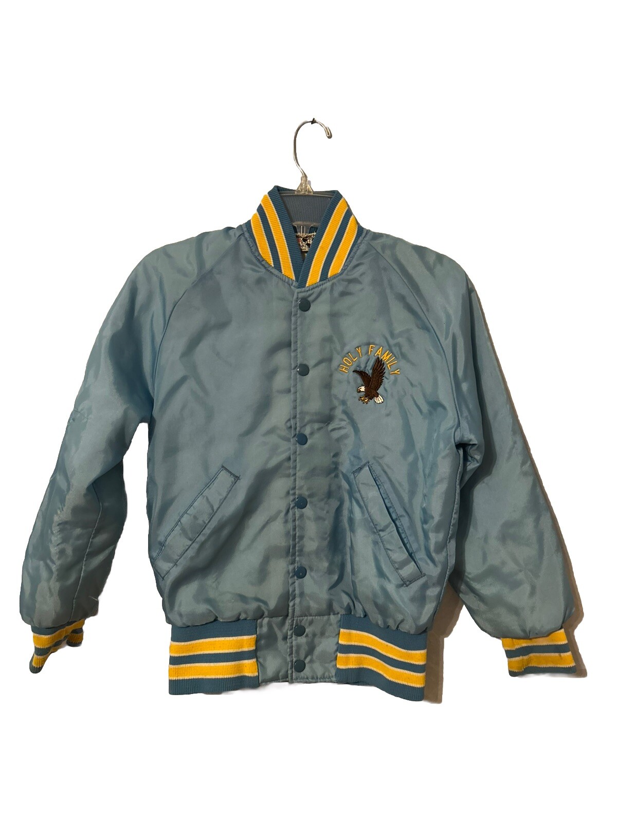 Vintage Boys Leader Sportswear Baby Blue Nylon Bomber Jacket Holy Family Youth L