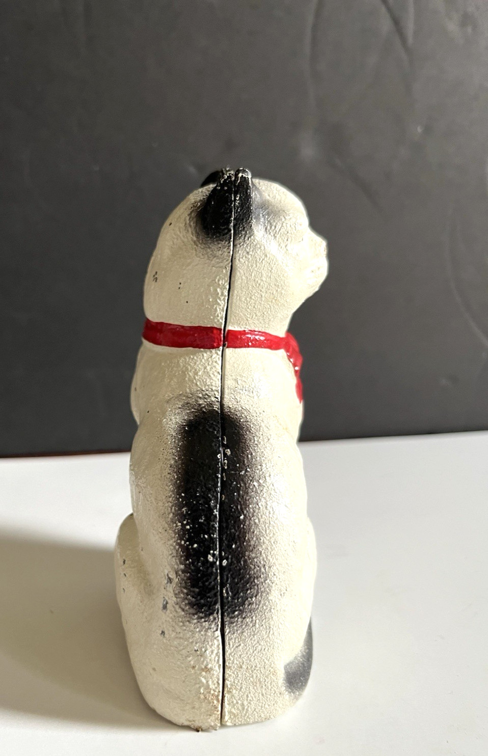 Vintage John Wright Cast Iron Still Bank Cat Red Bow Original Paint GREAT SHAPE