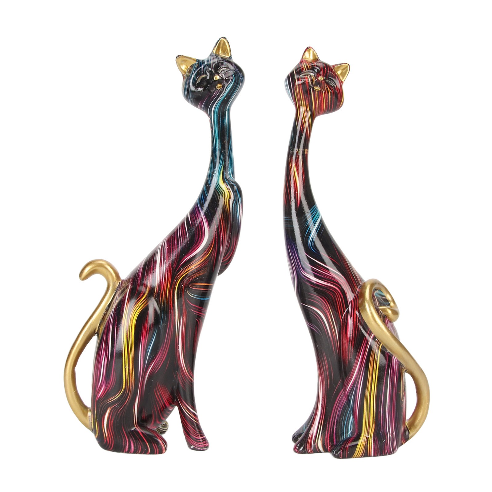 2Pcs Oil Painting Cat Statues Abstract Couple Resin Cat Figurines Cat Sculpture