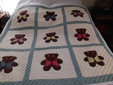 VINTAGE HAND-MADE PATCHWORK/APPLIQUE' CHILD QUILT, TEDDY BEARS,COTTON, 59" X 59"
