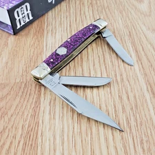 Rough Ryder Sparkle Stockman Pocket Knife Stainless Blades Purple Acrylic Handle
