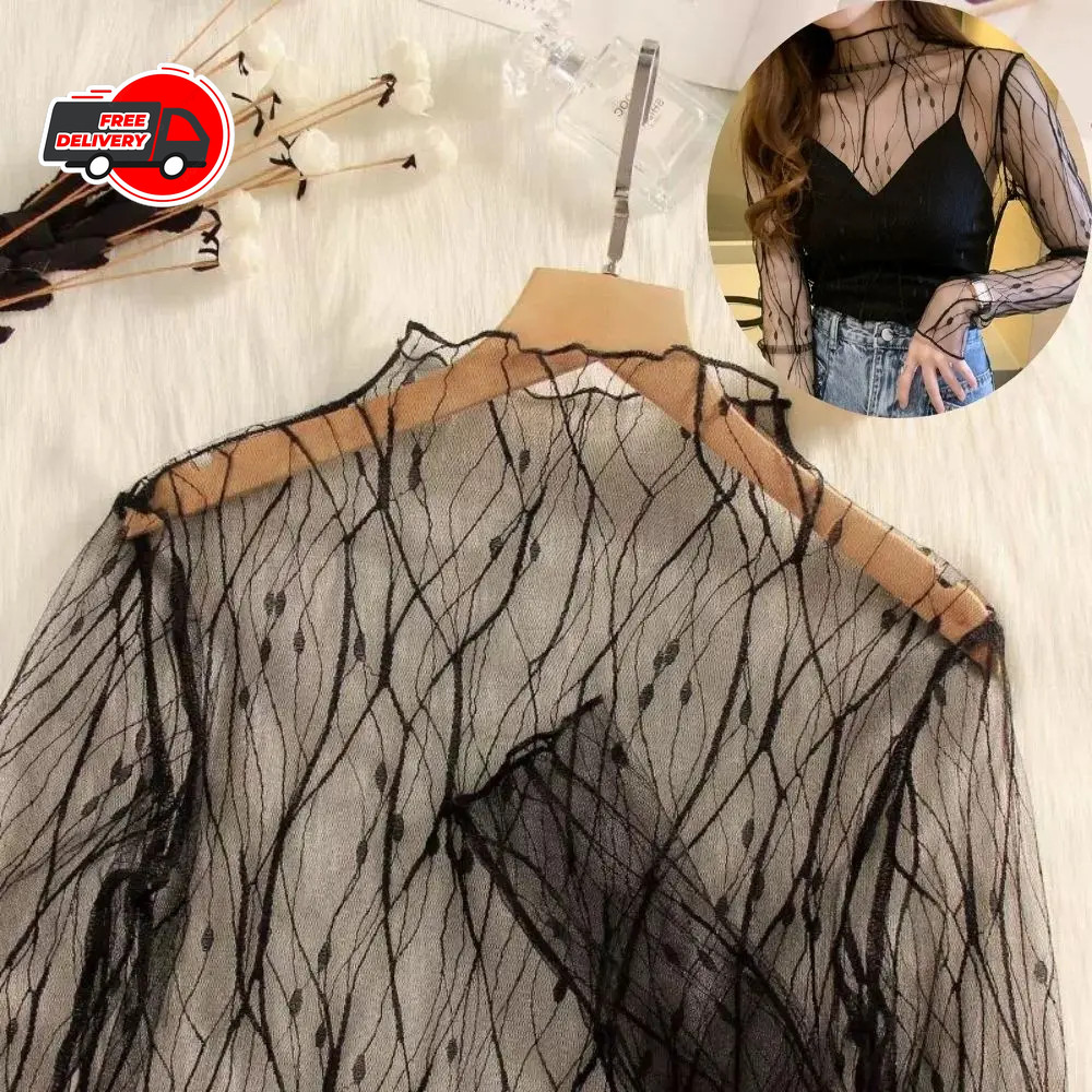 Black Sexy Women Long Sleeve Top See-through Mesh Turtleneck Blouse Sunscreen