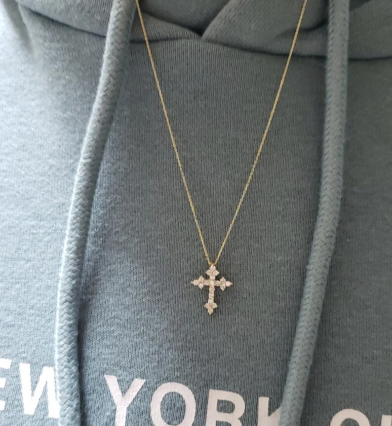 Natural Diamond Beautiful Cross Pendant 18'' Necklace 14k Yellow Gold