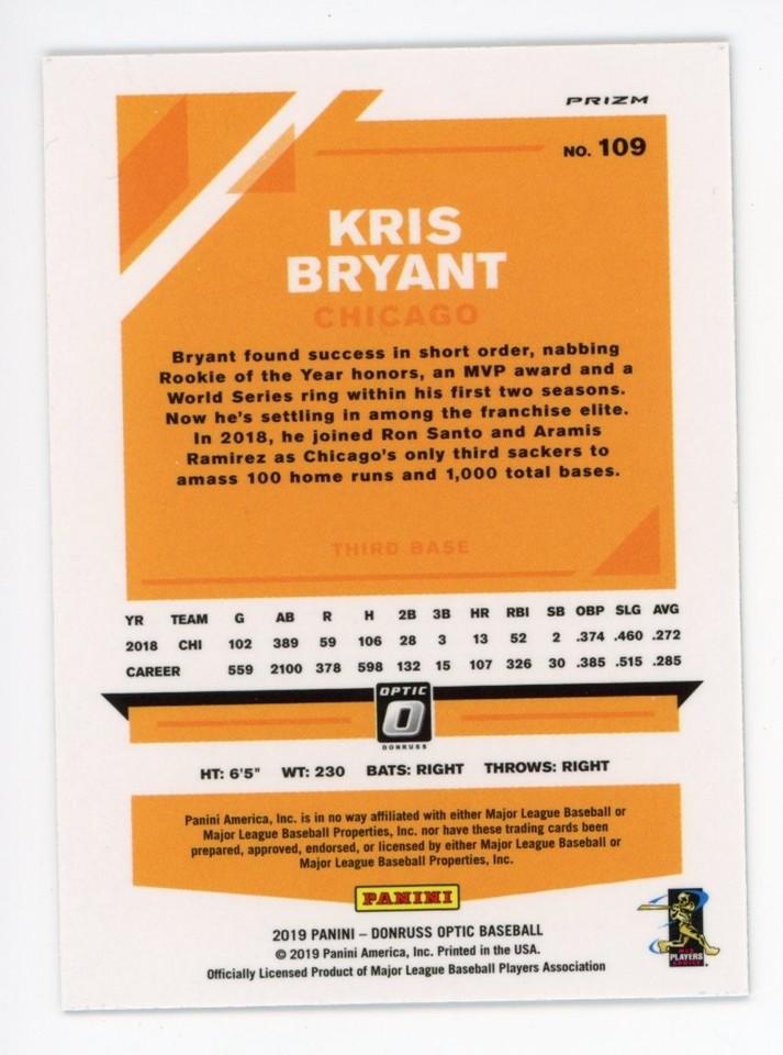 2019 Panini Donruss Optic Kris Bryant #109 HOLO - Parallel Chicago Cubs ...