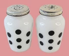 ANCHOR HOCKING Fire King Black Polka Dot Salt Pepper Shakers Milk Glass Vintage