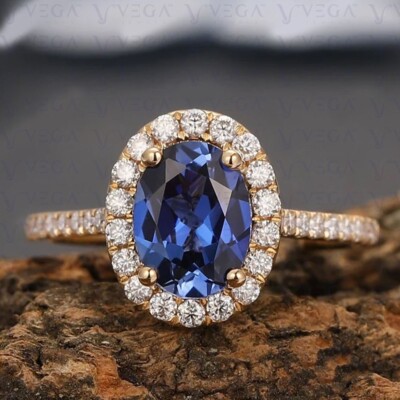 Oval Cut Natural Sapphire Diamond Halo Ring 100% 14k