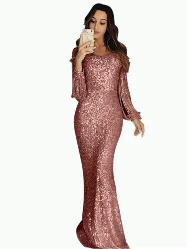 Abito da sera donna personalità moda paillettes manica lunga nappa - Foto 5 di 12