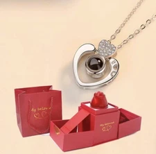 I Love You Rose Box & Necklace Gift Heart Silver Pendant in 100 Languages