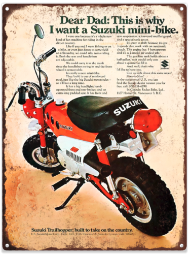 1971 Suzuki Mini-Bike minibike Ad Mancave Repro Metal Sign 9 x 12 60362 - Afbeelding 1 van 1