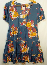 SO Boho Blue Floral Rayon V-Neck Shift Dress Small Tassel Tie Lightweight Summer
