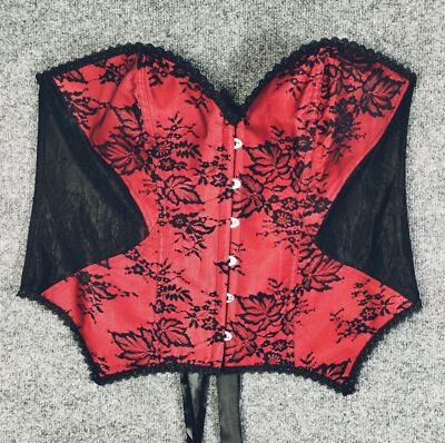 Red Satin Black Lace Corset Women's 40  Embroidery Goth Dark Renaissance Royal