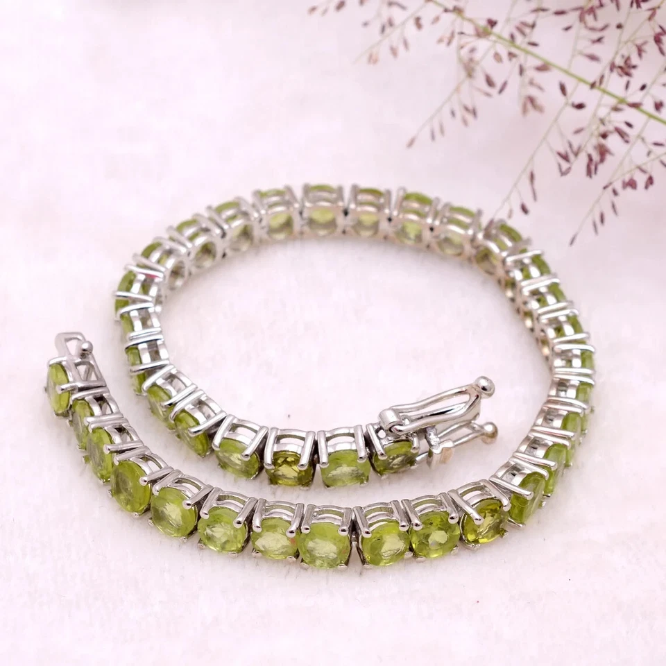 Natural Peridot Gemstone Bracelet 925 Sterling Silver Fine Jewelry Gifts For Her - Image 2 of 4
