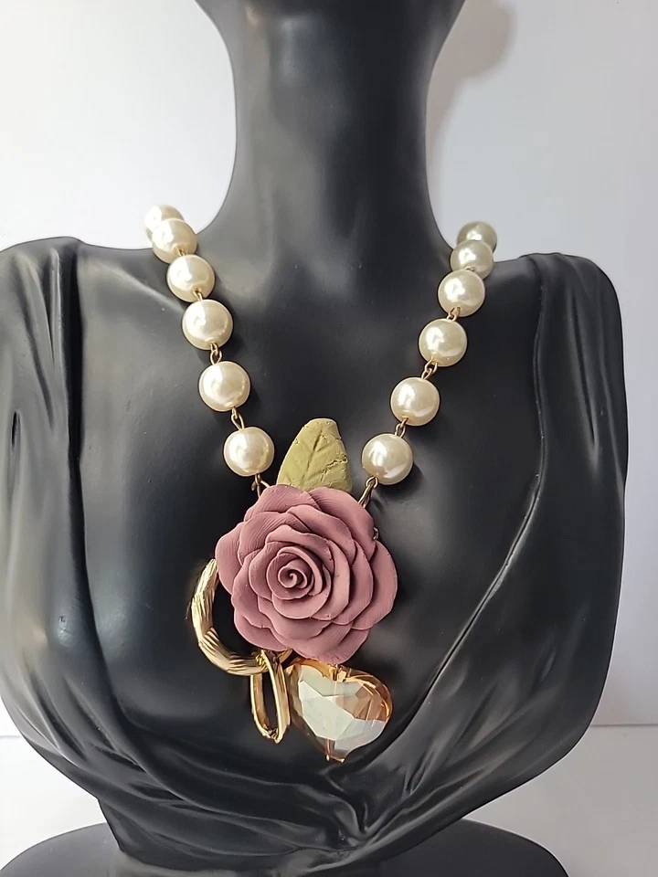 Collar Vintage Cuentas Flor Blanca Cristal Cadena Joyería Disfraz Foto 4 de 4