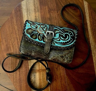   PATRICIA NASH LEATHER TOOLED TURQUOISE BROWN CROSSBODY PURSE BAG Or CLUTCH