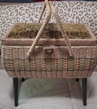 VINTAGE 1960s HIMARK WICKER/TAPESTRY SEWING BASKET WITH LEGS & INSIDE TRAY~LOOK!