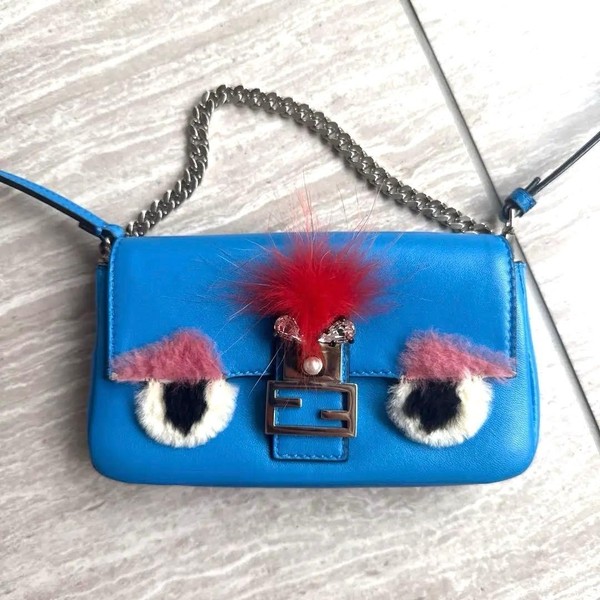 FENDI Micro Baguette Monster Bugs Leather Shoulder Bag Blue Rare Used From Japan
