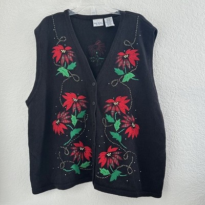 Bobbie Brooks Woman Black Knit Sweater Vest 22W/24W Christmas Poinsettia Vtg