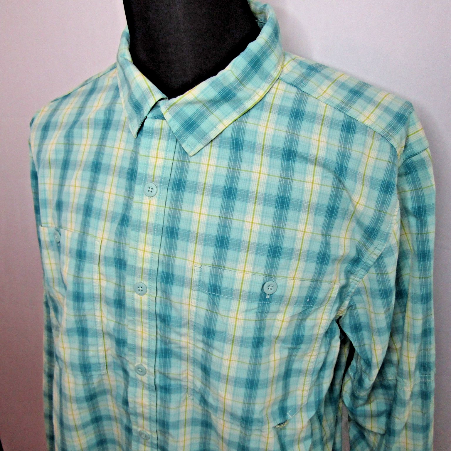 REI Co-op Men's XL Blu Plaid Hiking Button Down Roll Tab Long Sleeve Shirt Nylon
