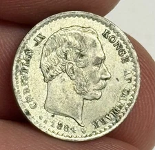AU 1884 DENMARK 10 Ore Silver Coin, Danish Almost Uncirculated UNC