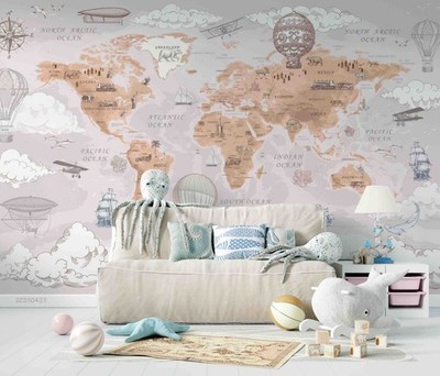 3D Hot Air Balloon Animals World Map Wall Murals Wallpaper Murals Wall Sticker 4
