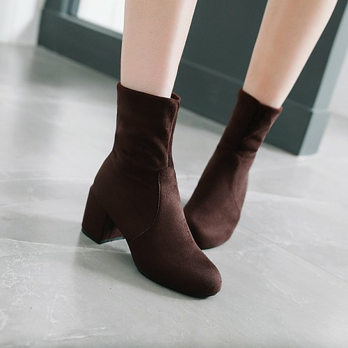 Women's Mid Block Heel Shoes Black/Blue/Brown Suede Fabric Round Toe Ankle Boots - Picture 29 of 31