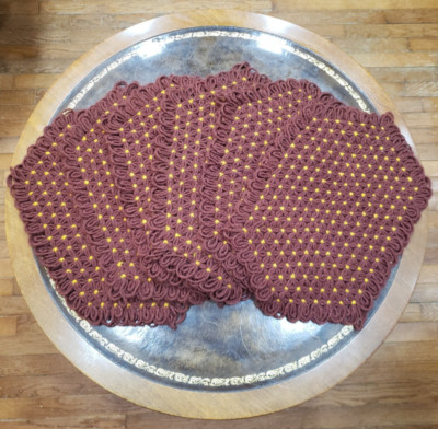 6 Vintage 1970s Retro Crochet Placemats - Brown and Gold Crazy Daisy Pattern
