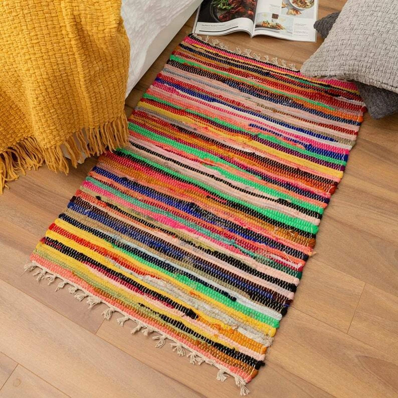 Tapetes de pano indianos Chindi feitos à mão feitos à mão tapete listrado grande - Imagem 4 de 4