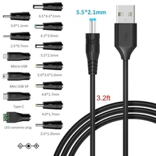 5V Universal DC Power Cable USB to DC Charging Cord 5.5x2.1mm with 13Pcs Adapter