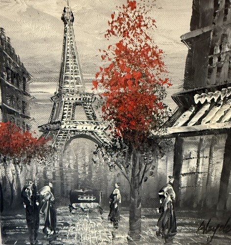 Oil Painting Paris Eiffel Tower Street Scene On Canvas-Black White & Red-Signed - Picture 2 of 10