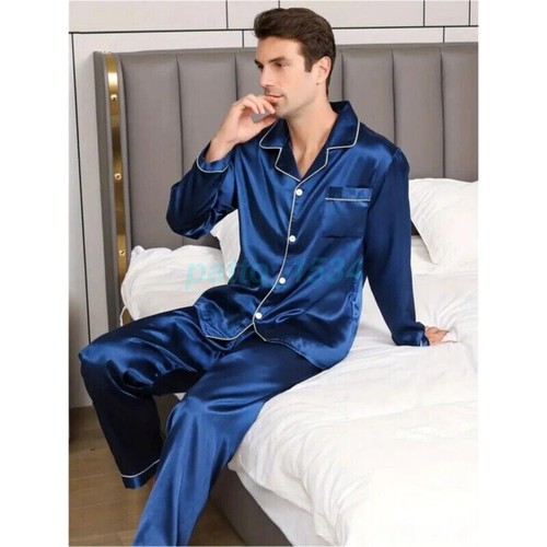 Mens Silk Satin Pajamas Set Sleepwear Tops+Long/Short Sleeve Pyjamas Nightwear - Picture 11 of 17