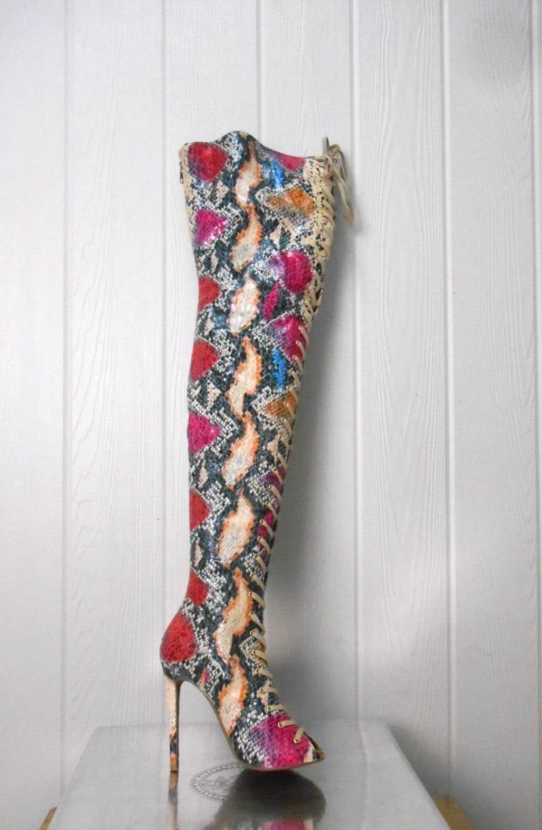 Thigh high top boots snake print