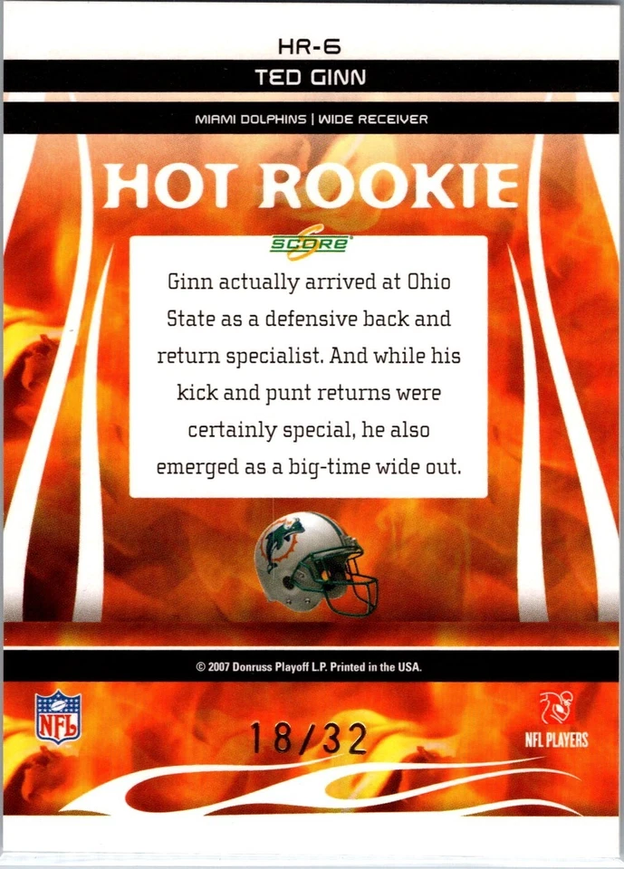 2007 Score - Hot Rookie Ted Ginn Jr. #HR-6 Artist's Proof /32(RC) - Image 2 of 2