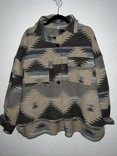 Boho Aztec Shacket Thick Blanket Knit Large Distressed Hems Western Jacket Y