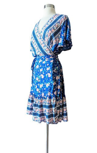 NWOT ZESICA Dress Blue Pink Wrap Boho Summer Floral Short Flutter Sleeves XL - Picture 2 of 6