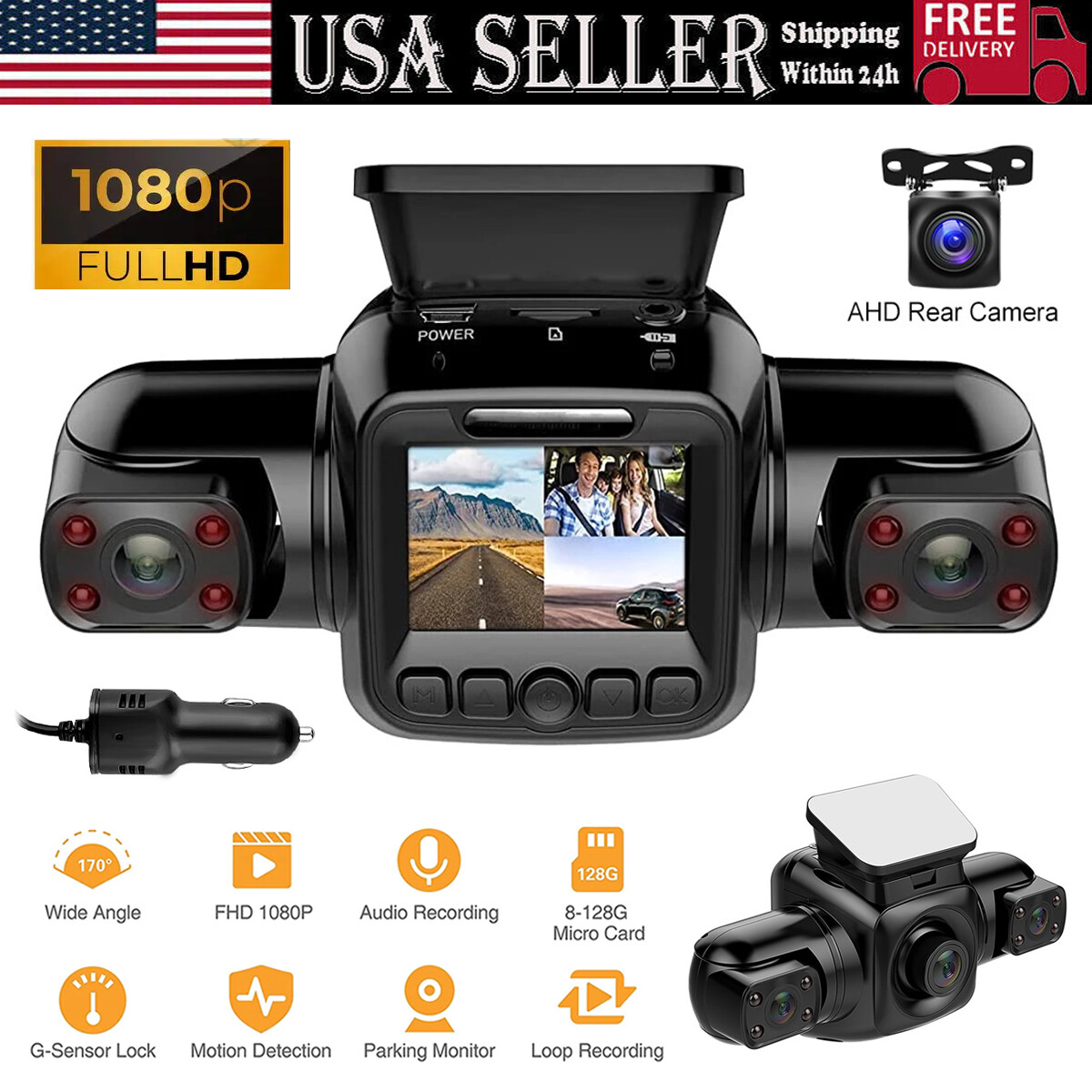 360° WiFi 4 Channel 2K Car Dash Cam with G-Sensor DVR