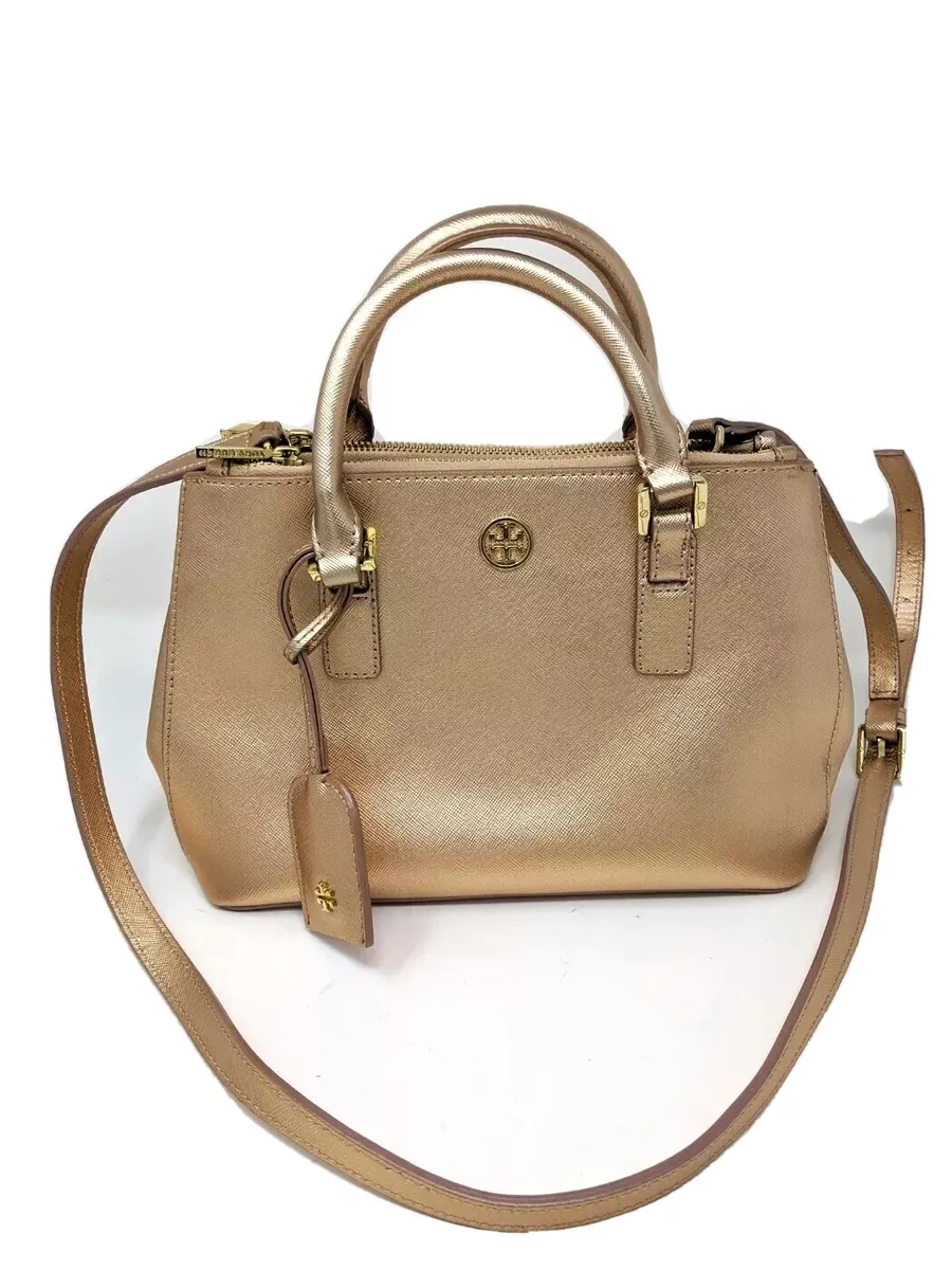 Tory Burch Robinson Metallic Small Double Zip Tote Crossbody Rose Gold