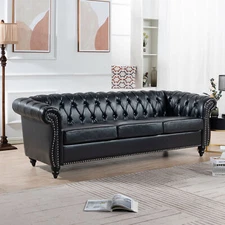 84" PU Leather 3-Seater Chesterfield Button Tufted Sofa Couch Living Room Black