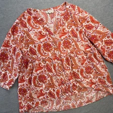 Cynthia Rowley Top Women 1X Orange Paisley Shirt Blouse Linen Boho Flow Roll Tab