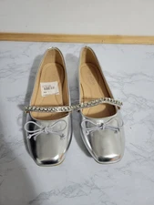 Top Moda Comfort Silver Flats with Rhinestone Detail, Size 8, New 